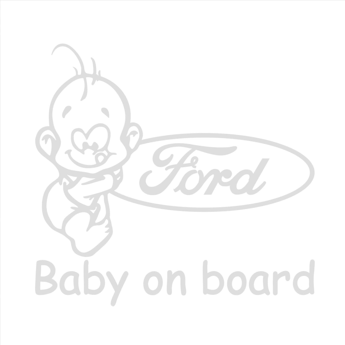 Sticker auto, alb, Baby on board, fetita, cu logo Ford. Sticker baby on board rezistent.