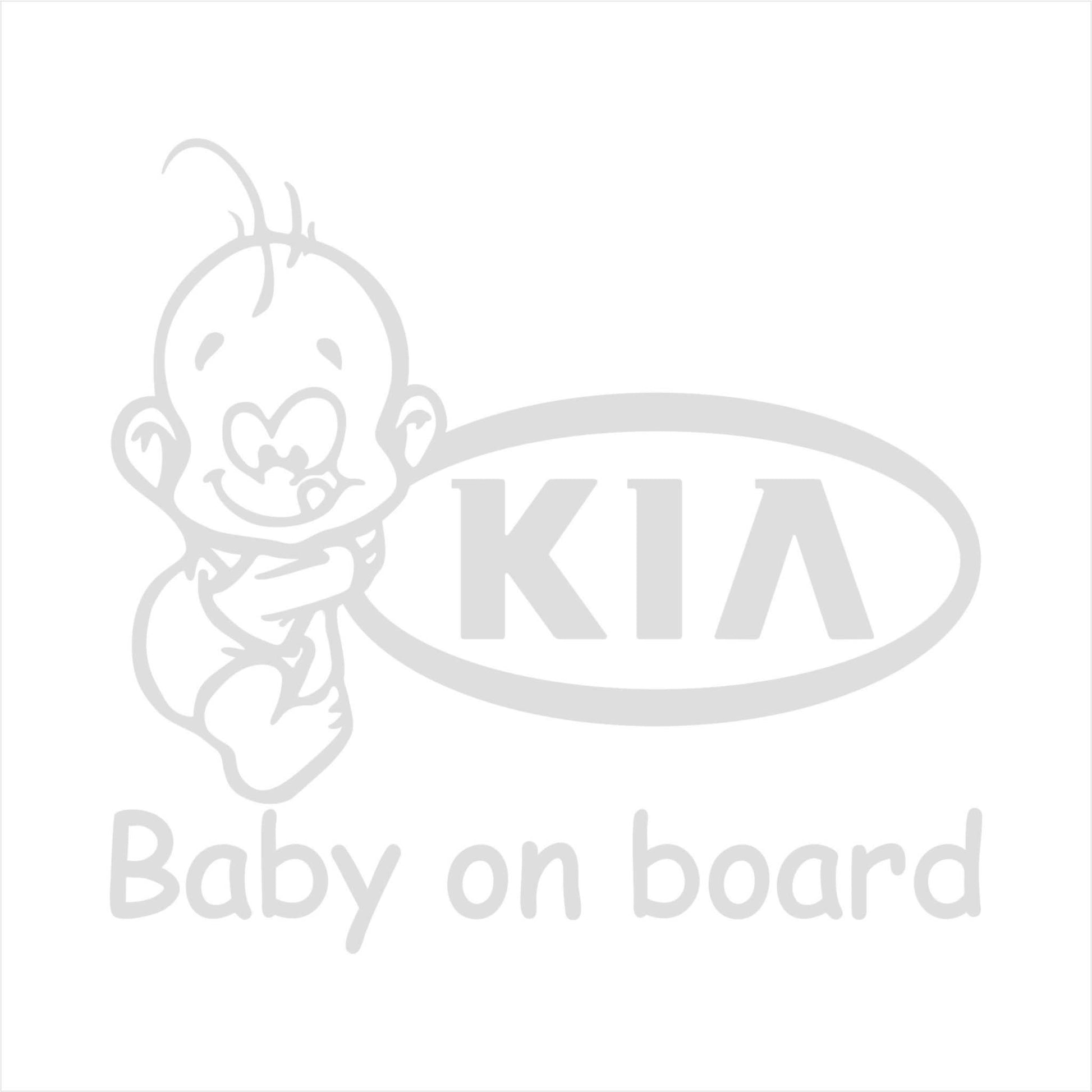 Sticker Baiat on board, auto, alb, cu logo Kia. Sticker baby on board rezistent.