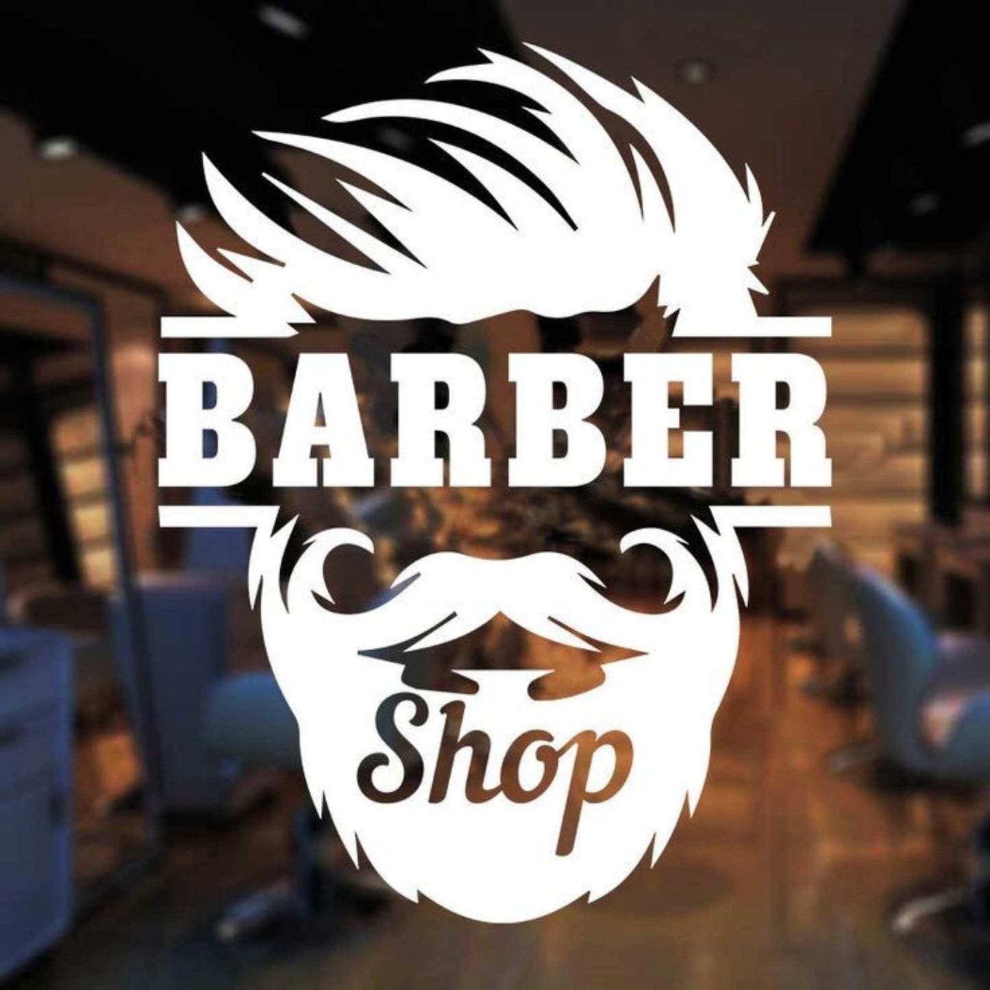 Sticker Barbershop sau frizerie pentru geam si perete din oracal alb, usor de aplicat pentru afacerea ta.