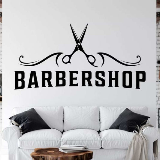 Sticker barbershop sau frizerie, model cu foarfeca pentru geam sau perete din autocolant Oracal de 65x59 cm.