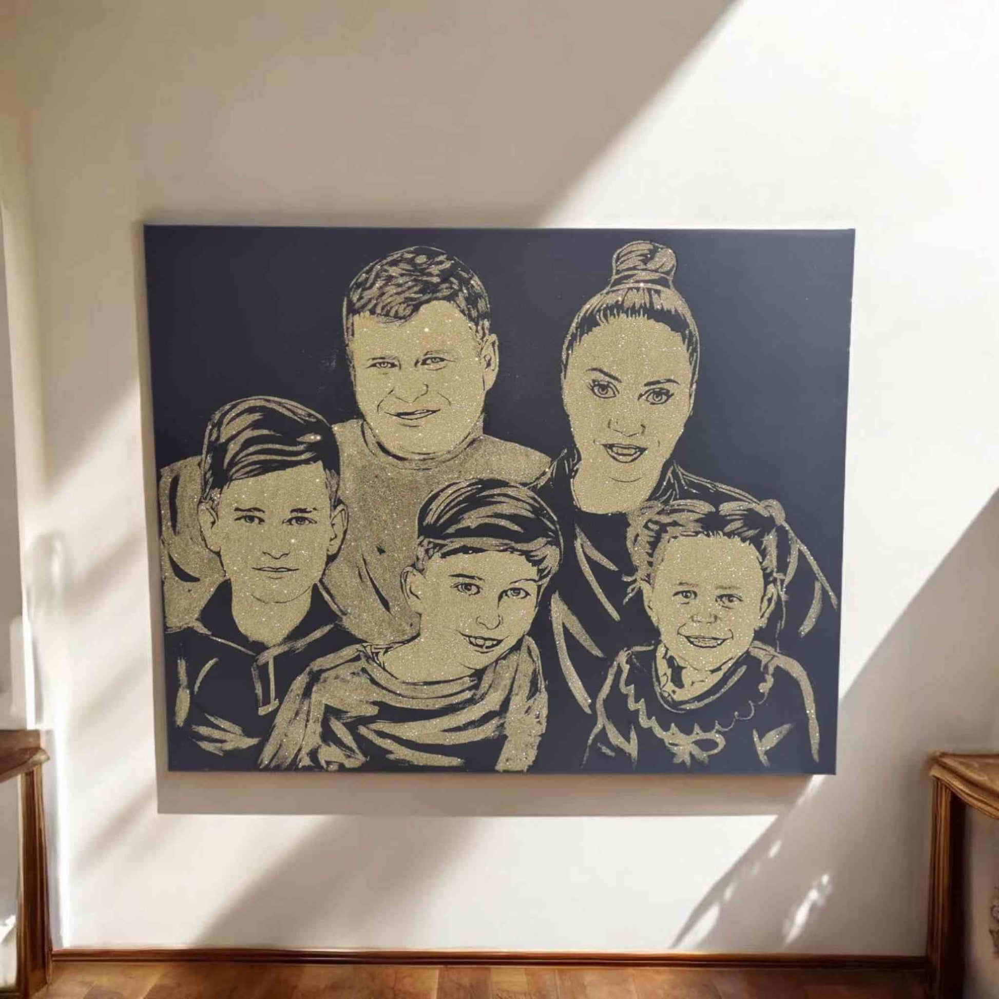Tablou cu sclipici auriu mare,pentru nasi, cu 5 persoane. Tablou cu sclipici personalizat.