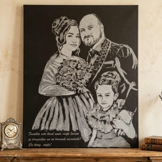 Tablou cu sclipici si text personalizat, de familie. Portret cu sclipici mare, cadou unic handmade.