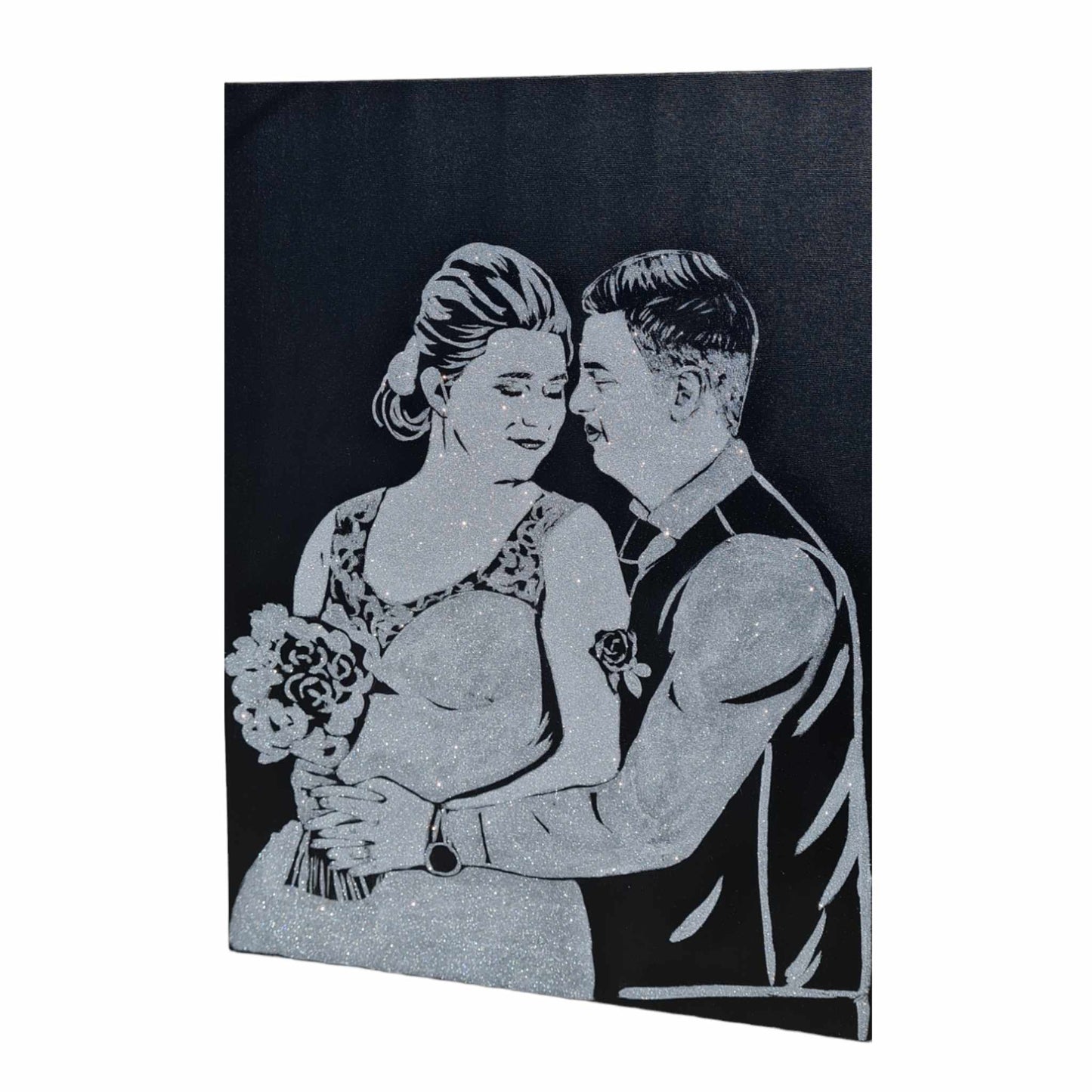Tablou cu sclipici pentru miri, pictat manual si personalizat dupa poza clientului pe panza canvas de 100x80 cm.