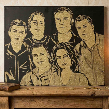 Tablou cu sclipici auriu personalizat, portret de familie, 6 persoane, pictat manual.