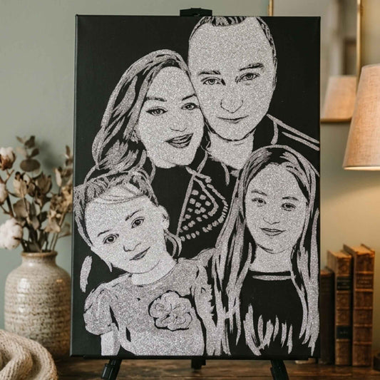 Tablou cu sclipici argintiu personalizat. Portrete cu sclipici de familie, patru persoane, realizate handmade.