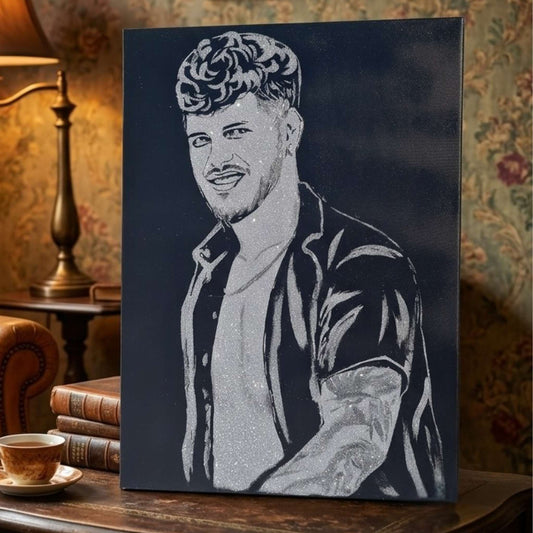Tablou cu sclipici argintiu personalizat, 100x80 cm.Portret cu sclipici, o persoana, pictat manual.
