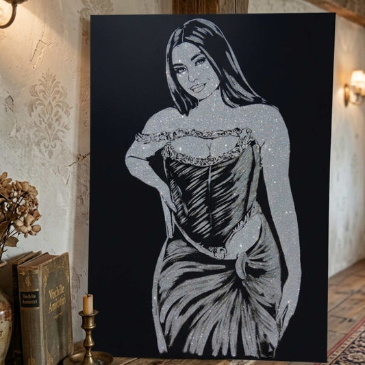 Tablou cu sclipici argintiu personalizat 100x70 cm. Portret cu sclipici pictat manual.