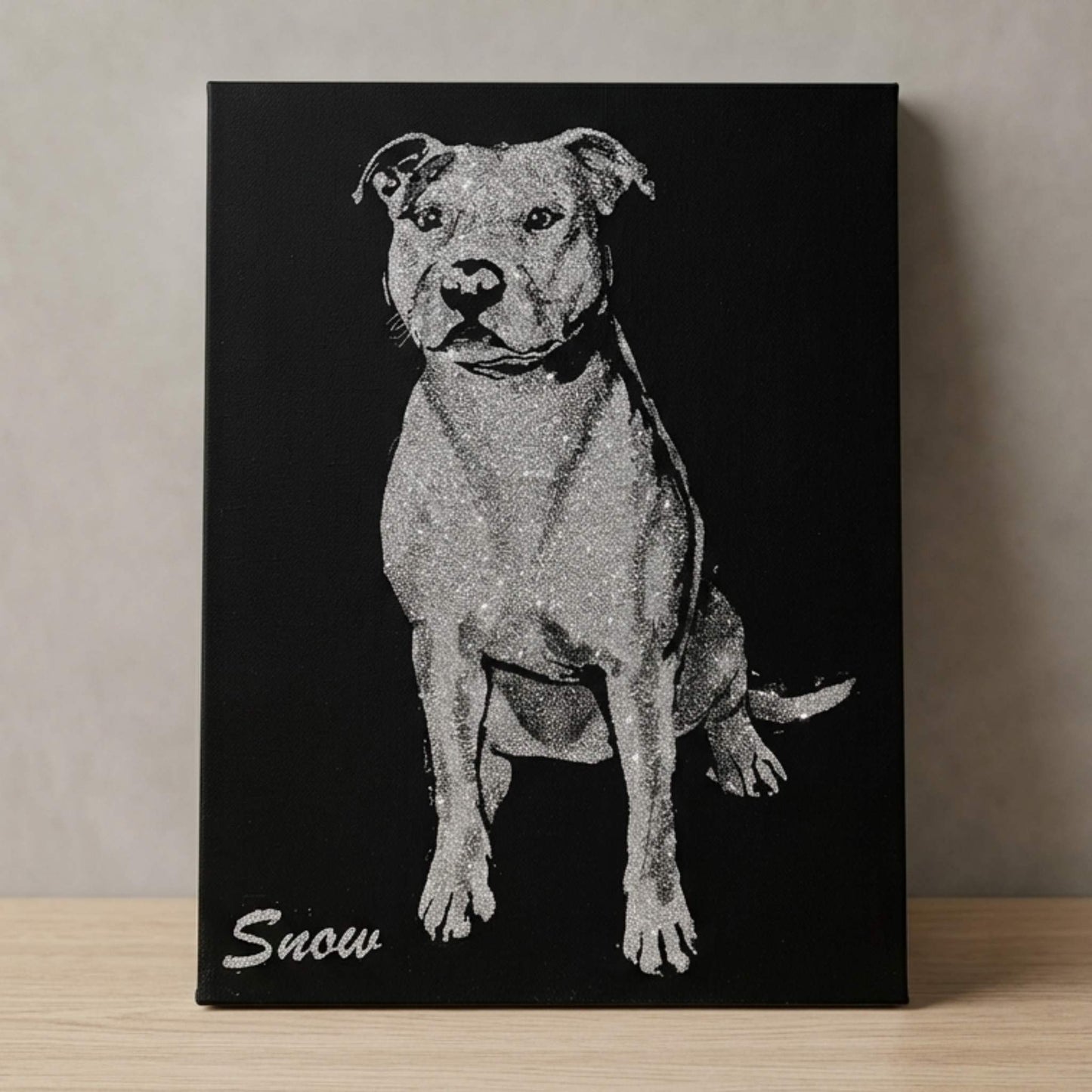 Tablou cu sclipici argintiu personalizat cu animalutul de companie. Portret catel cu sclipici argintiu.