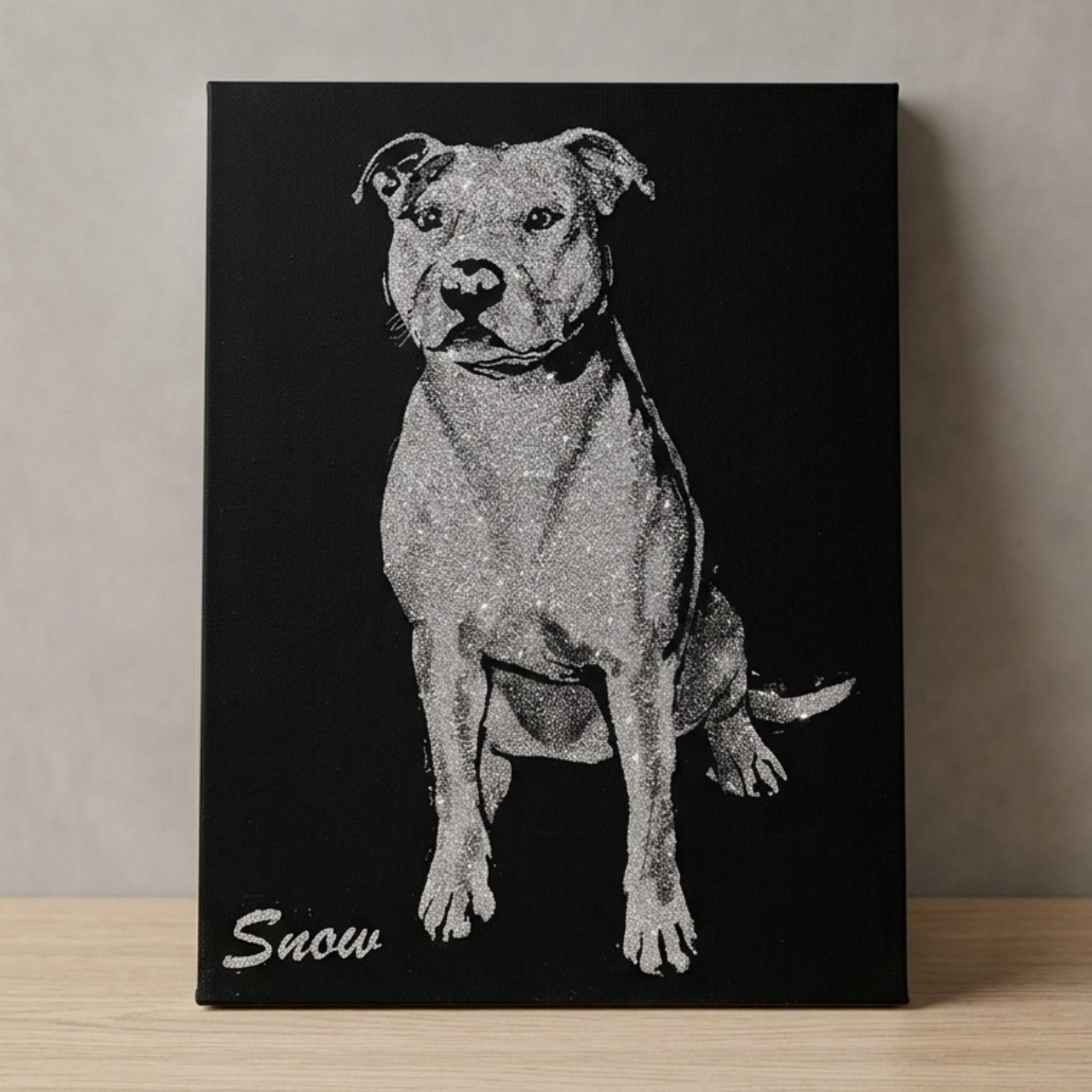 Tablou cu sclipici argintiu personalizat cu animalutul de companie. Portret catel cu sclipici argintiu.