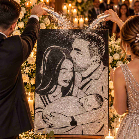 Tablou cu sclipici argintiu, interactiv si personalizat pentru nunti, evenimente, 50x70 cm, 3 persoane.