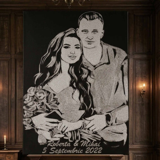 Tablou cu sclipici argintiu, personalizat, 100x80 cm. Portrete cu sclipici doua persoane si text personalizat, pictate manual.