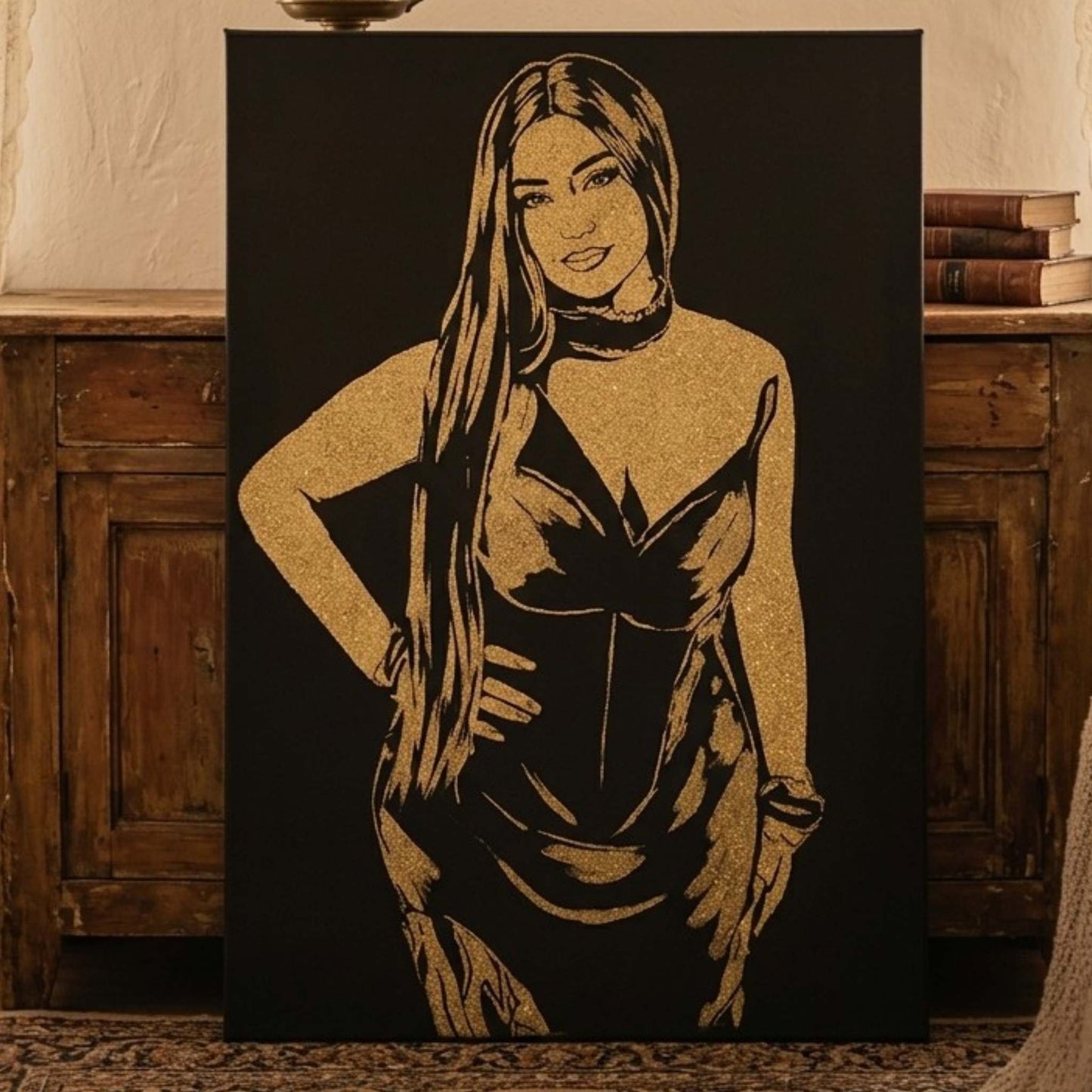 Tablouri cu sclipici auriu personalizat, 100x70 cm. Portret cu sclipici o persoana, pictat manual.