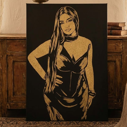 Tablouri cu sclipici auriu personalizat, 100x70 cm. Portret cu sclipici o persoana, pictat manual.