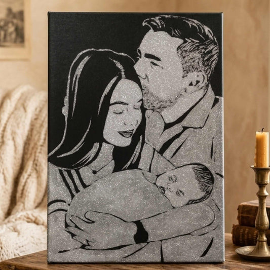 Tablou cu sclipici argintiu, personalizat, de familie. Portrete cu sclipici, handmade, 50x70 cm.