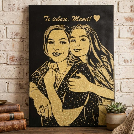 Tablou cu sclipici auriu si text personalizat, pictat manual, 50x70 cm. Portrete cu sclipici Premium, cadouri unice.