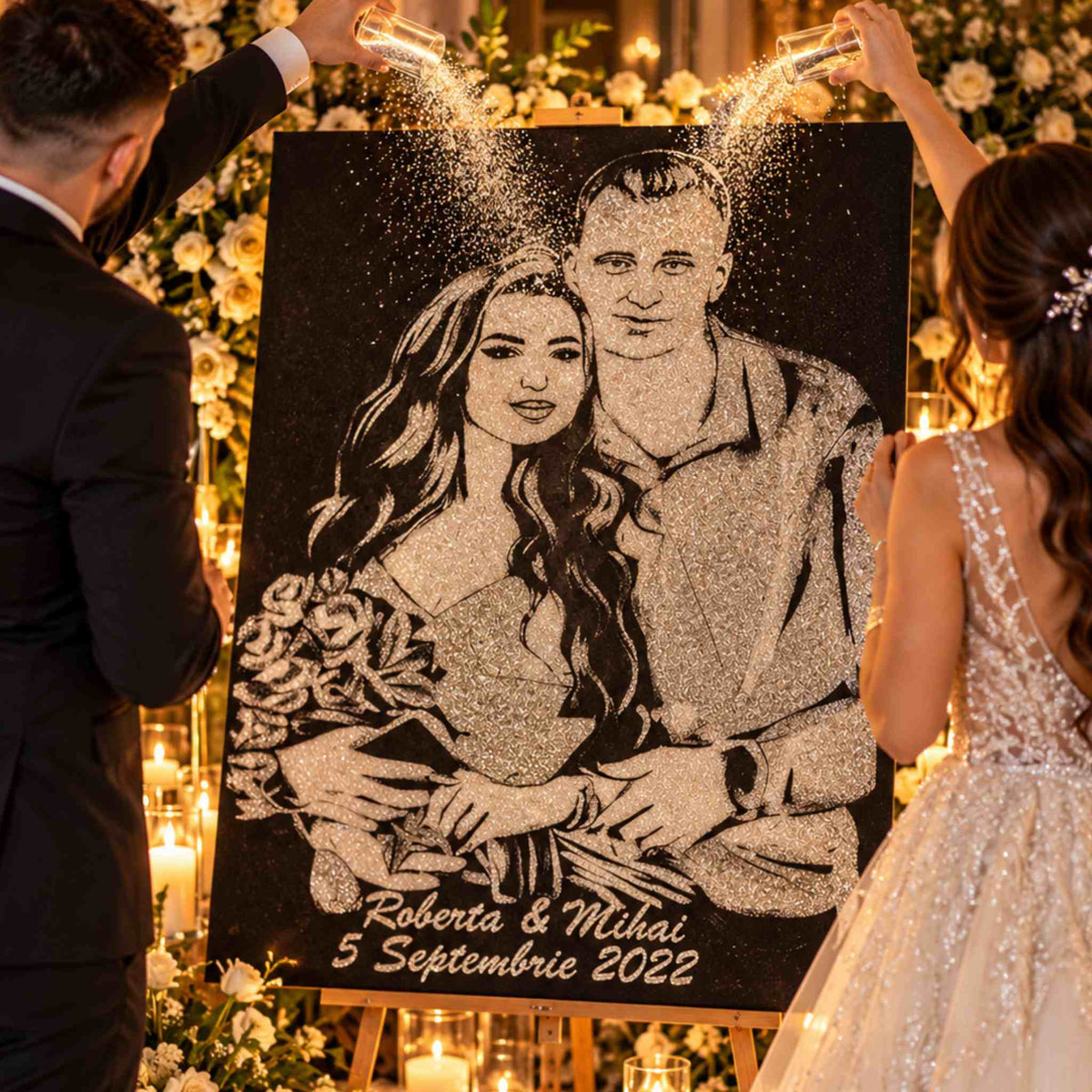 Tablou cu sclipici argintiu interactiv si personalizat, mare, pentru evenimente si nunti grandioase, 100x80 cm, doua persoane.