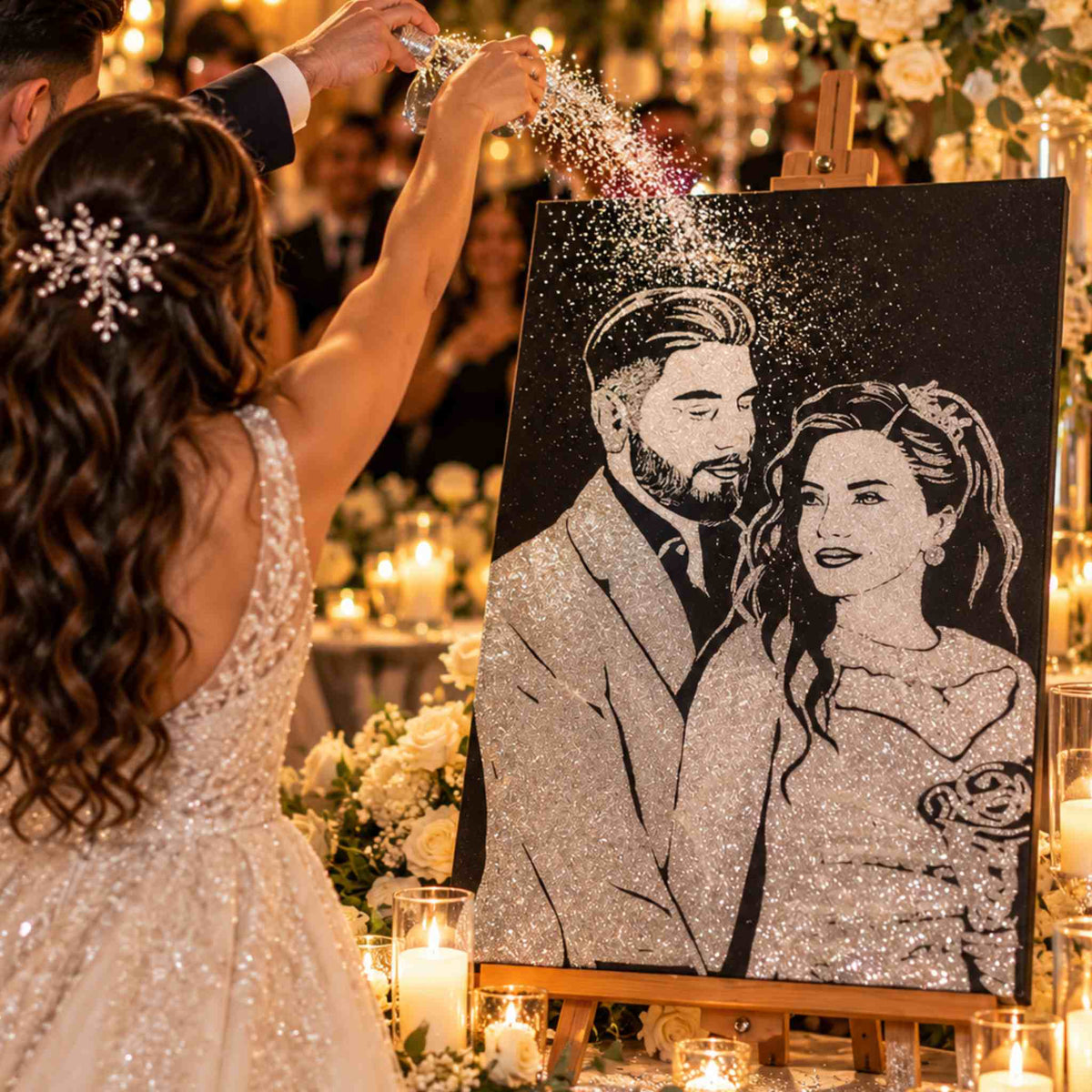 Tablouri cu sclipici argintiu, interactive si personalizate pentru evenimente, botezuri, 50x70 cm.