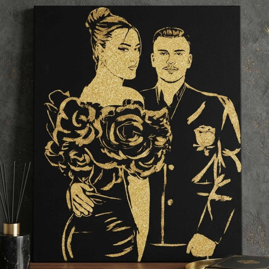 Tablou cu sclipici auriu, doua persoane, pictat manual. Portrete cu sclipici personalizate cu poza ta. 