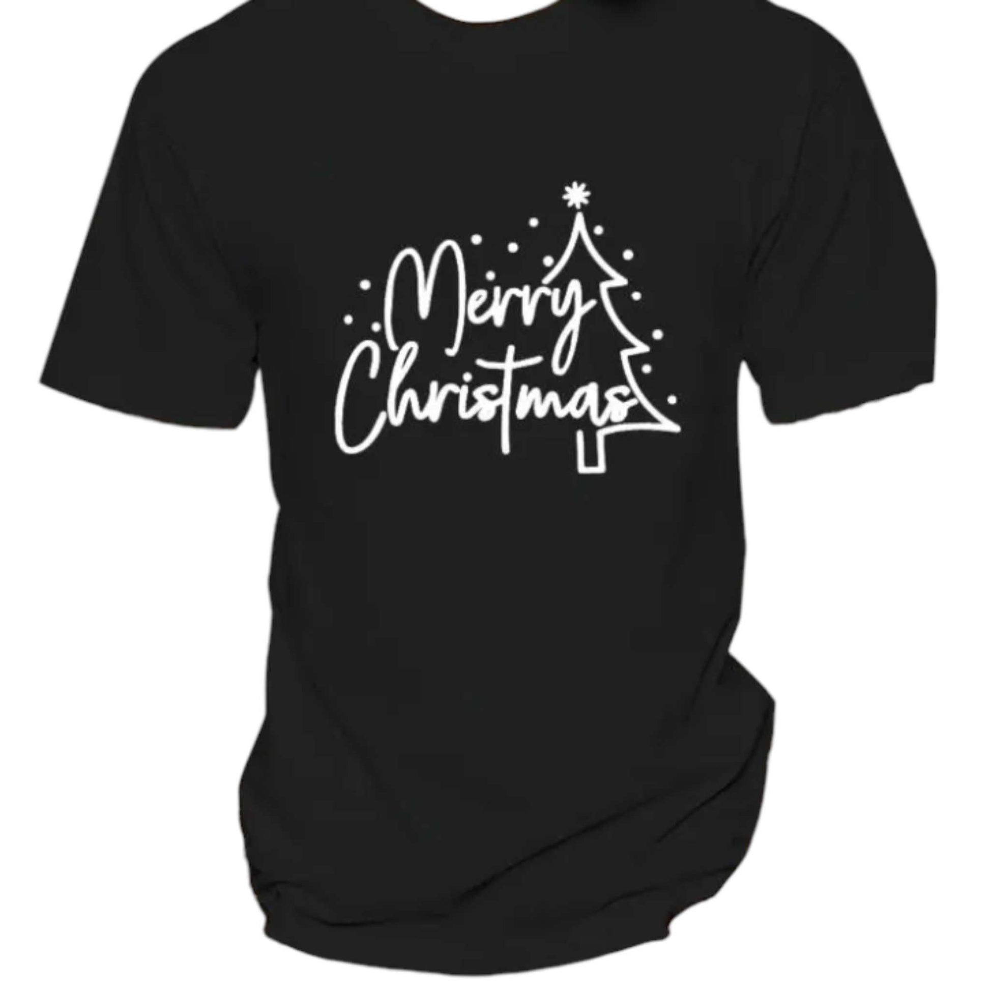 Tricou de Craciun negru, personalizat cu textul "Merry Christmas", 100% bumbac.