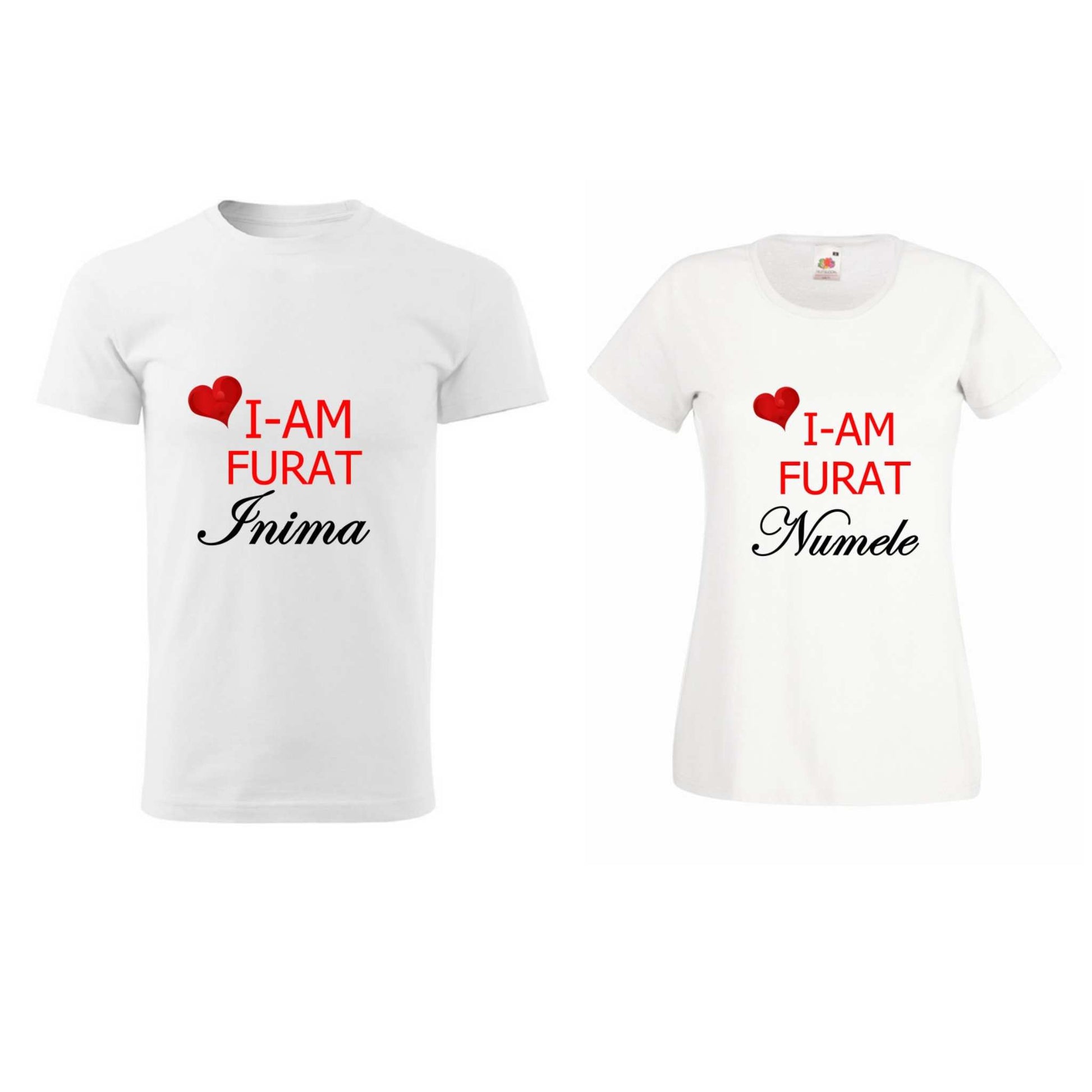 Set tricouri de cuplu personalizate cu textul "I-am furat inima/ I-am furat numele", 100% bumbac.