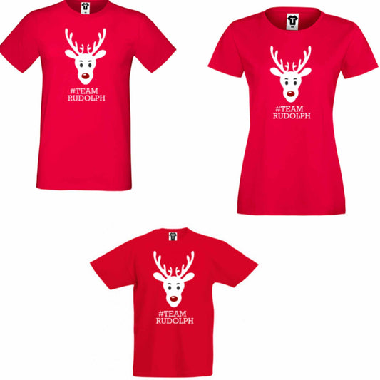 Set trei tricouri de Craciun, de familie, rosi cu imprimeu de Craciun "Reni".