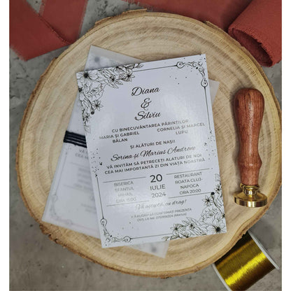 Invitatii de nunta ieftine cu sigiliu de ceara, plic Vellum, tiparire si asamblare incluse in pret.
